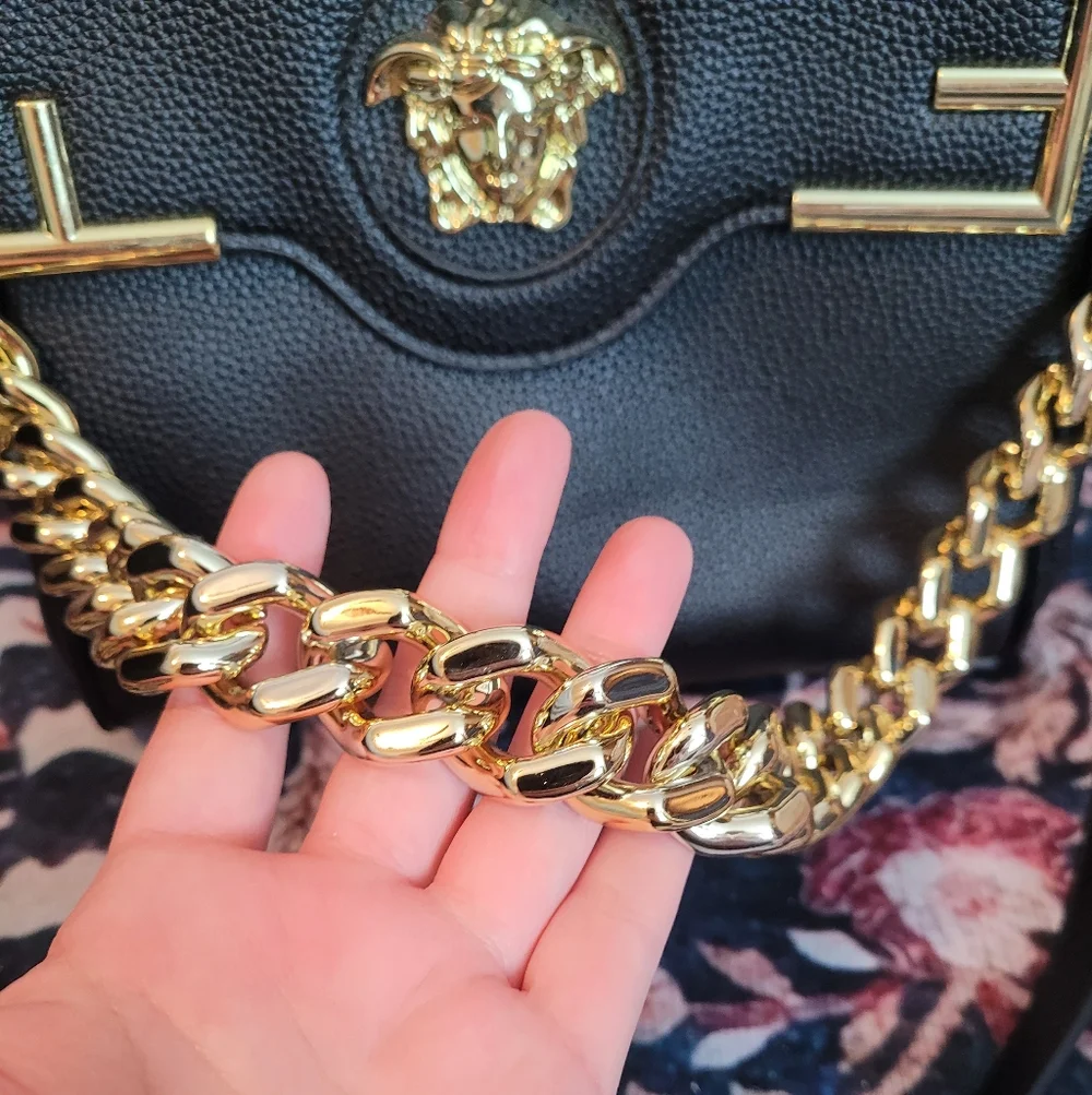 V Designer Satchel Bag Purse with Gold Medusa Head - Picture 3 of 9